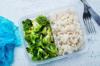 boiled rice and broccoli in lunch box