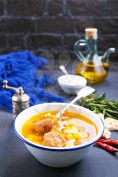 soup with meat balls and vegetables, soup in bowl