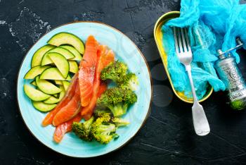 avocado broccoli and fresh salmon on the plate 