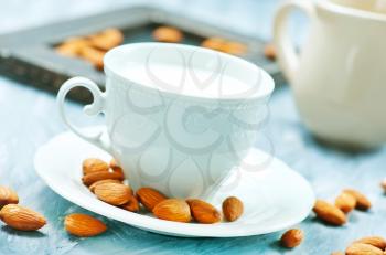 almond milk in cup and on a table
