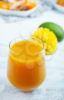 mango juice in glass, fresh juice and fruits