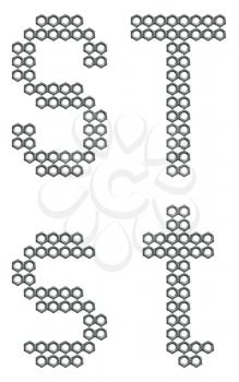 Letters of alphabet, S and T, composed of screw nuts, industrial font