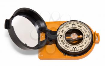 Plastic tourist compass with mirror isolated on white background top view