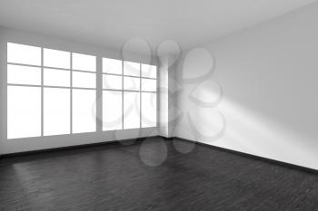 Black and white empty room with black hardwood parquet floor and big window and white walls and sunlight from window minimalist interior, 3d illustration