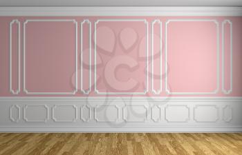 Pink wall with white moldings and decorations on wall in classic style empty room with wooden parquet floor and white baseboard, classic style architectural background 3d illustration interior