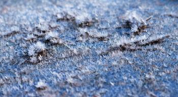 Hoarfrost crystals on flat surface closeup macro view with selective focus, shallow depth of field.