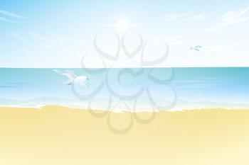 Seascape vector illustration. Paradise beach with sea and seagull