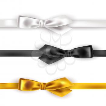 Set of satin ribbon on white background. Black, white and gold color. Vector