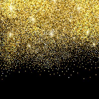 Gold sparkles on black background. Gold glitter background. 