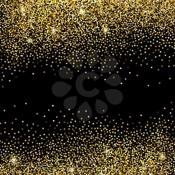 Gold sparkles on black background. Gold glitter background. 
