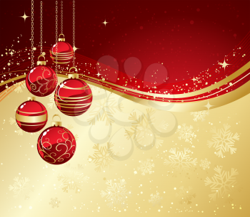 Holiday Background with Christmas baubles and snowflakes. Vector illustration.