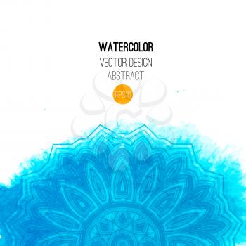 Blue watercolor brush wash with pattern - round tribal elements. Vector ethnic design in boho style.
