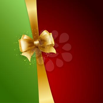 Christmas Background. Vector Design. Gold bow in red and green background
