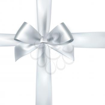 Shiny white satin ribbon on white background. Vector silver bow and ribbon
