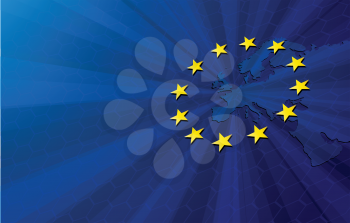 European Union. Vector Europe map with European union flag. Blue background and yellow stars. 