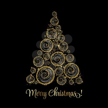 Vector illustration gold Christmas tree. Holiday background with baubles