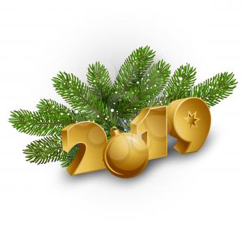 Christmas Green Pine Branches and 2019 year. Vector illustration