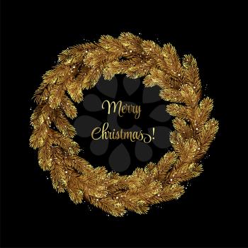 Christmas Wreath Gold Pine Branches. Vector illustration