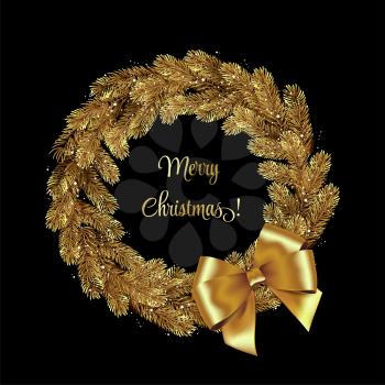 Christmas Wreath Gold Pine Branches. Vector illustration