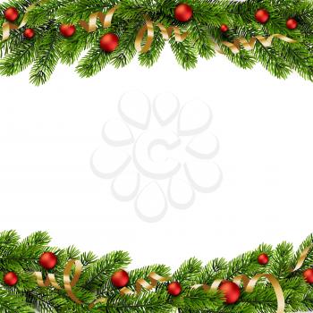 Christmas green Pine Branches and red baubles. Vector illustration