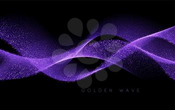 Abstract shiny purple color gold wave design element with glitter effect on dark background. Fashion sequins for voucher, website and advertising design