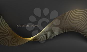 Abstract shiny color gold wave design element with light effect on dark background. Fashion minimal background for voucher, website and advertising design