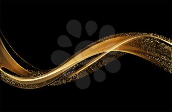 Abstract shiny color gold wave design element with glitter effect on dark background. Fashion sequins for voucher, website and advertising design