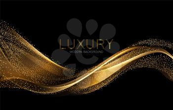 Abstract shiny color gold wave design element with glitter effect on dark background. Fashion sequins for voucher, website and advertising design