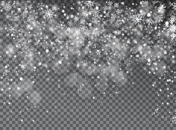 Vector illustration. Abstract Christmas snowflakes storm on transparent background.