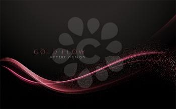 Abstract shiny color rose gold wave design element on dark background. Fashion motion flow design for voucher, website and advertising design. Golden silk ribbon for cosmetic gift voucher