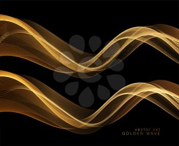 Set of Abstract shiny color gold wave design element on dark background. Fashion flow lines for voucher, website and advertising. Golden silk ribbon for cosmetic gift voucher