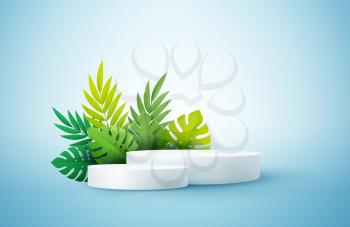 Product display podium decorated with tropical palm leaves on blue background. Vector illustration 3D effect
