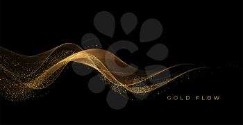 Abstract Gold Waves. Shiny golden moving lines design element with glitter effect on dark background for gift, greeting card and disqount voucher. Vector Illustration
