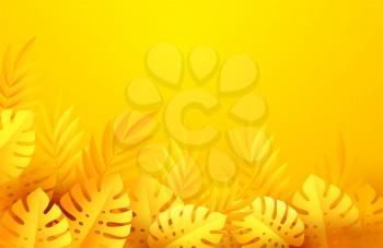 Hot yellow Summer Tropical Leaves. Paper cut style. Monstera and palm leaf. Tropic border. Vector illustration EPS10