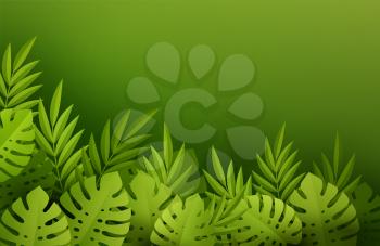 Green Summer Tropical Leaves. Paper cut style. Monstera and palm leaf. Tropic border. Vector illustration EPS10