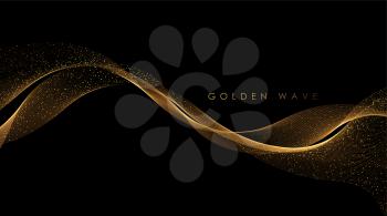 Abstract Gold smoke Waves. Shiny golden moving lines design element with glitter effect on dark background for gift, greeting card and disqount voucher. Vector Illustration