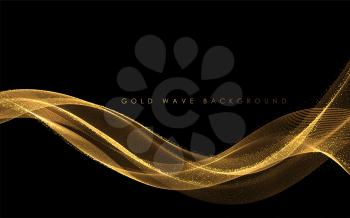 Abstract Gold smoke Waves. Shiny golden moving lines design element with glitter effect on dark background for gift, greeting card and disqount voucher. Vector Illustration