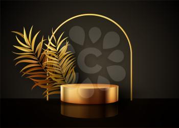 Minimal black scene with geometric shapes and palm leaves. Cylindrical gold and black podium on a black background. 3D stage for displaying a cosmetic product, showcase