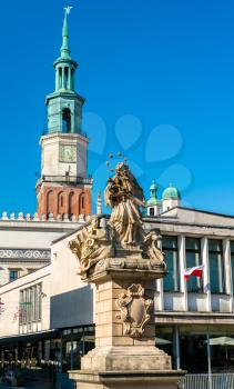 Statue of Saint John of Nepomuk and the Town Hall of Poznan, the Wielkopolska Province of Poland