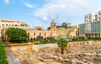 Antique ruins and Saint George Greek Orthodox Cathedral in Beirut downtown. The capital of Lebanon