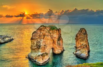 Raouche or Pigeons Rocks at sunset in Beirut. The capital of Lebanon