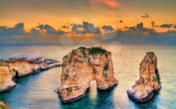 Raouche or Pigeons Rocks at sunset in Beirut. The capital of Lebanon