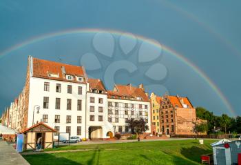 Rainbow above Elblag town in the Warmian-Masurian Voivodeship of Poland