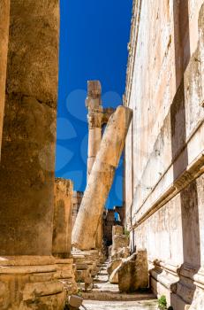Falling column at the Bacchus Temple in Baalbek. Lebanon, the Middle East