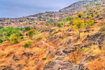 Typical landscape at Ellora Caves in the dry season. Maharashtra, India