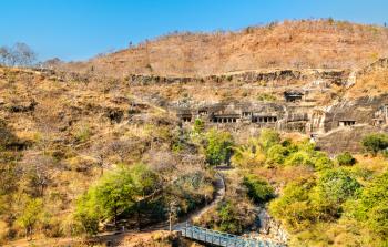 Panoramic view of the Ajanta Caves. A UNESCO world heritage site in Maharashtra, India