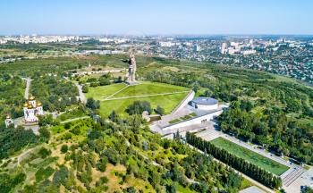 View of Mamayev Kurgan, a hill with a memorial complex commemorating the Battle of Stalingrad in World War II. Volgograd, Russia