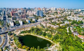 Aerial view of Kiev with residential buildings and Hlinka Lake. Ukraine