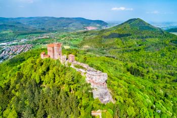 Aerial view of Trifels Castle in the Palatinate Forest. Major tourist attraction in Rhineland-Palatinate State of Germany