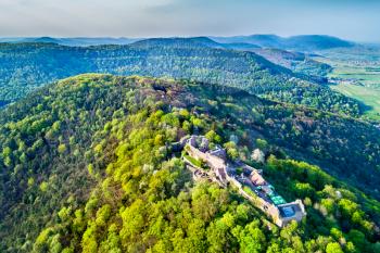 Aerial view of Madenburg Castle in the Palatinate Forest. Tourist attraction in Rhineland-Palatinate State of Germany